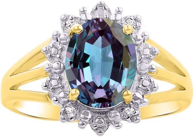 RYLOS Ladies Princess Diana Inspired Halo Ring Gemstone & Genuine Sparkling Diamonds in 14K Yellow Gold Plated Silver .925-9X7MM Color Stone