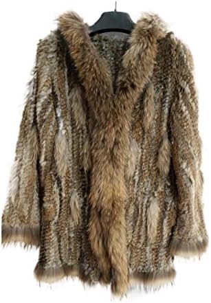 Lovingbeauty Knitted Rabbit Fur Outwear with raccoon fur Collar (Brown,Chinchilla Grey,Black) (S, Brown)
