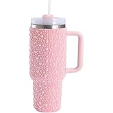 Daofaith Pearls Bling 40 oz Tumbler with Handle and Straw | Rhinestones 100% Leakproof Stainless Steel Insulated Tumbler with Lid and Straw | Cup Holder Friendly Base -Pink