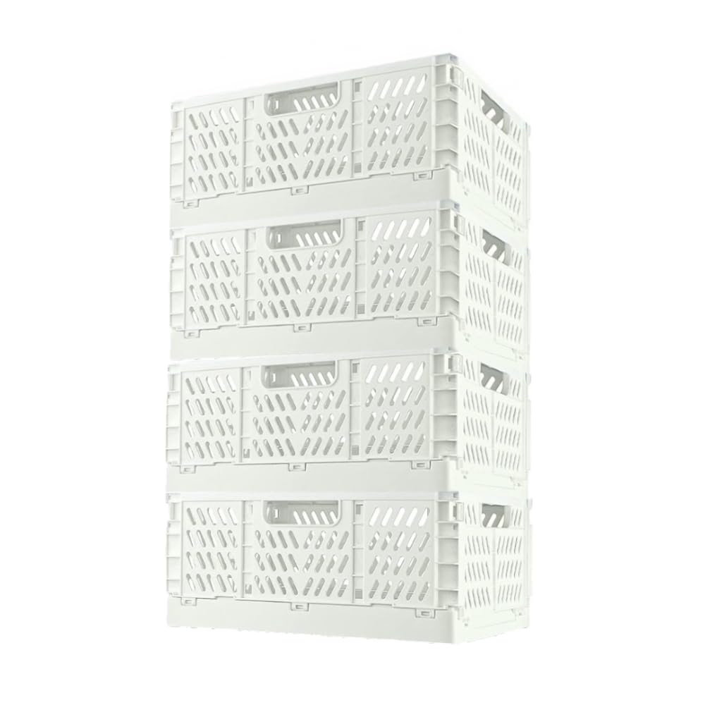 Ygapuzi Plastic Collapsible Crate Folding Storage Basket with Handle for Shelves Home Kitchen Classroom and Office Vanity Bathroom Organization Drawer Clapboard(12" x 8" x 5") (White-4pack)