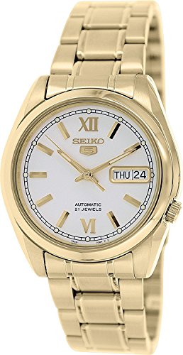 Seiko SNKL58 Mens Seiko 5 Gold Tone Stainless Steel Case and Bracelet White Tone Dial Day and Date Watch