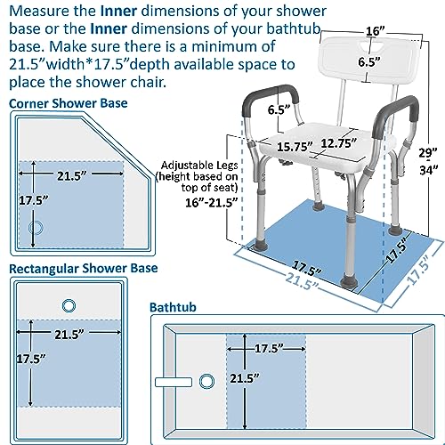 Vaunn Medical Shower Chair Bath Seat With Padded Arms, Removable Back