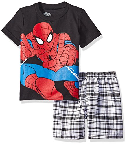 Marvel Little Boys' Toddler Marvel 2 Piece Plaid Short Set, Spiderman Black, 4T
