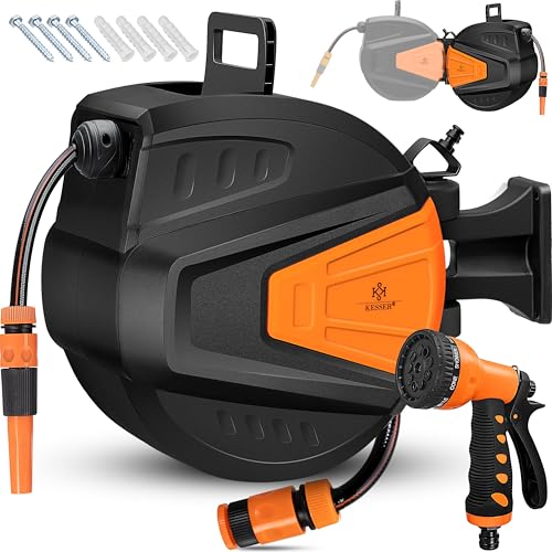 KESSER® automatische Schlauchtrommel 20 m + 2 m, Wand Schlauchbox mit Aufrollautomatik, Schlauchaufroller mit Gartenschlauch, 180° schwenkbar + Multi 