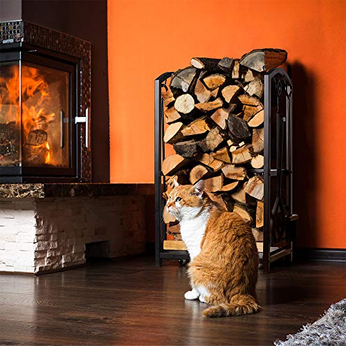 Syntrific Firewood Rack with 4 Fireplace Tools Fireplace Log Holder for Indoor and Outdoor Heavy Duty Steel Black Fireplace Log Rack Wrought Iron Logs Bin Holder for Fireplace Tool Set