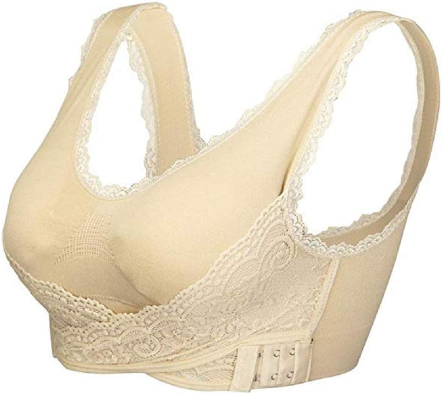 Women's Zero Feel Seamless Sports Lace Front Closure Buckle Bra Wireless Yoga Running Bras (XXL, Beige)