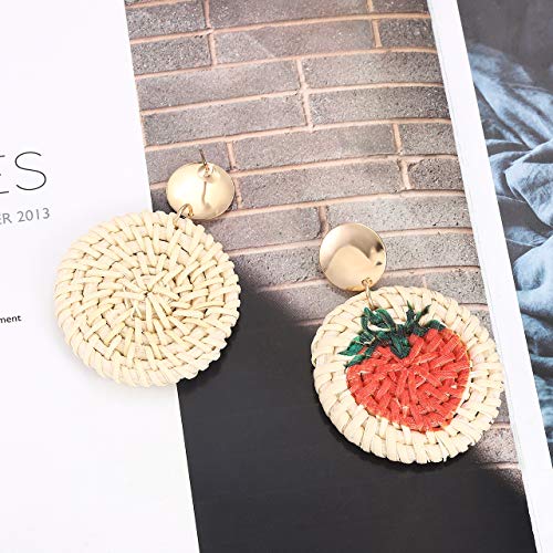 CEALXHENY Rattan Earrings Straw Wicker Braid Earrings Tropical Fruit Print Drop Dangle Earrings Handmade Statement Earrings for Women Girls (Strawberry)