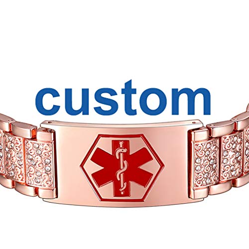 Supcare Medical Alert ID Bangle Bracelet Stainless Steel Rose Gold Plated Cubic Zircon Addjustable Band Bracelet for Men/Boys/Women, Medical Alert Emergency Identification Charm Bracelet Jewelry