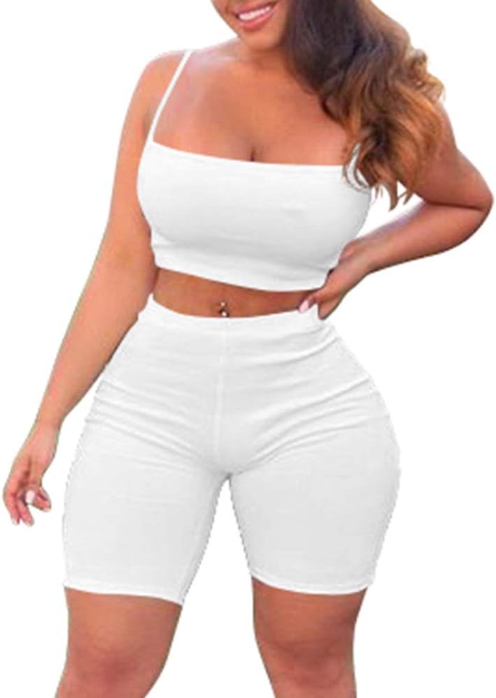 Women's Bodycon 2 Pieces Outfit Spaghetti strap Crop Tank Top Shorts Pants