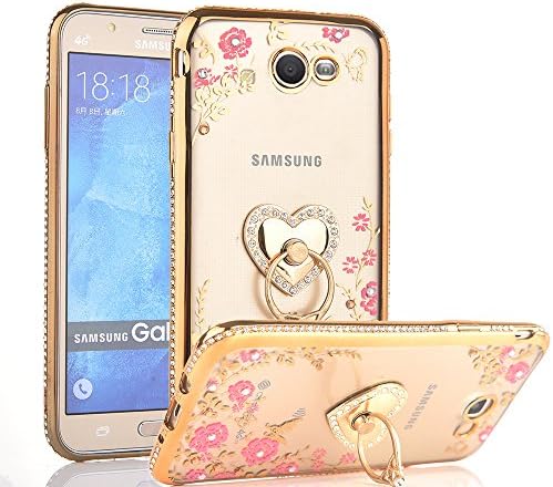 CaseHaven Galaxy J7 Prime 2017 Case, Glitter Crystal Heart Floral Series - Bling Rhinestone Clear TPU Case with Ring Stand for Samsung Galaxy J7 Perx/Galaxy J7 Sky Pro/Galaxy J7 V - Gold