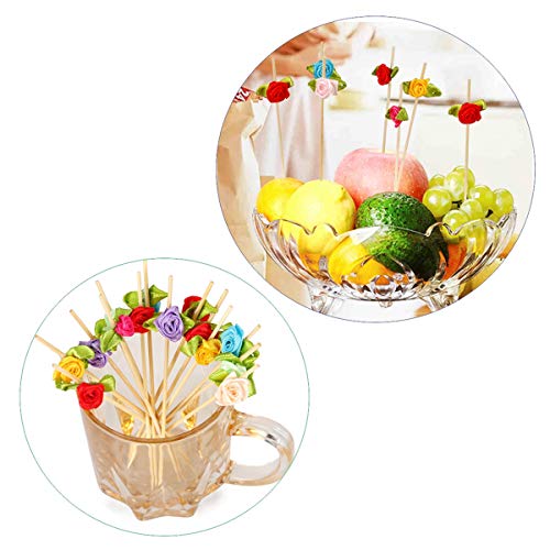 Rose Flower Appetizer Skewers Cocktail Picks Long Bamboo Toothpicks in Clear Storage Box Wedding Valentines Day Single Bachelorette Party Food Drinks Desserts Fruits Decor 4.7" 100 Counts-MSL119