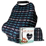 Nursing Cover Carseat Canopy - Multi-Use Soft Stretchy Car Seat Covers for Babies - Nursing Scarf, Breastfeeding Cover, High Chair Shopping Cart Cover - Girl or Baby Boy Gift Set (Black-Teal Arrows)