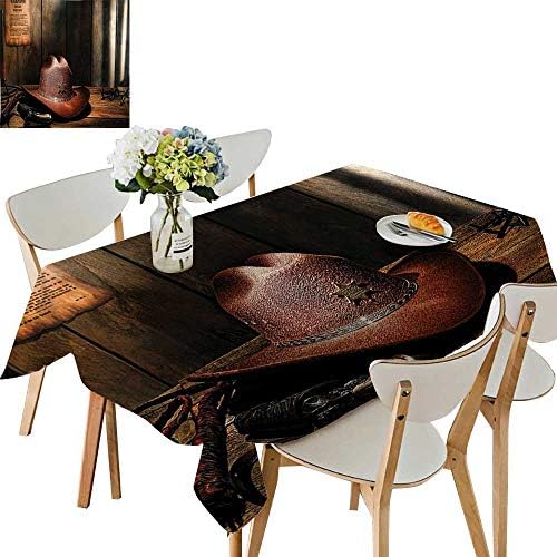 UHOO2018 Polyester Tablecloth Square/Rectangle Felt Western Hat on Sheriff Table with Old Lawman Gun and Bullwhip Jail Resistant and Waterproof,23 x 23inch
