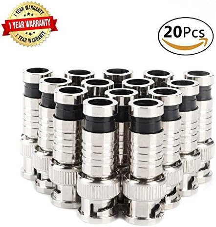 BNC Compression Connector,RG59 Coax Male Adapter Plug,75 Ohm Nickel Plated Plug Extension Coaxial Cable with Copper Fitting Pin for CCTV Security Video System Accessories 20Pcs-Pack,Silver