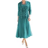 2 Pieces Mother of The Bride Dresses for Wedding Laces Chiffon Tea Length Formal Evening Dresses with Jackets