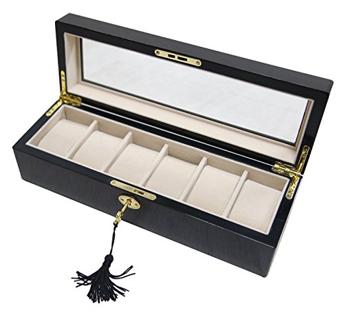 SodyneeÂ® 6 Wood Watch Storage Box 03 Display Case Organizer with Lock and Key, Ebony Color