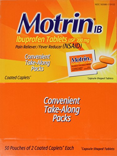 Motrin IB, Ibuprofen 200mg Tablets, Pain Reliever/Fever Reducer for Muscular Aches, Headache, Backache and Minor Arthritis Pain, Convenient for Travel & On-the-Go, 50 packets of 2, 100 ct