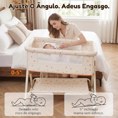 OLANENEM 6 em 1 Berço Portátil, Moises para bebe com Fraldário e Mosquiteiro, Acoplado à Cama com Suporte Triangular de Aço Carbono, 6 Alturas e Inclinação Antirrefluxo 5°(Bege)