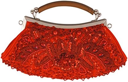 Beaded Sequin Design Metal Frame Satin Interior Evening Handbag Party Clutch (Red Angular)