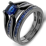 EVER FAITH Black Sterling Silver 925 Princess-Cut Sapphire Color Solitaire Cocktail Ring Set