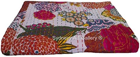 Sydneyy Art Gallery Indian Floral Kantha Quilt, Kantha Rallies, Bohemian Bedding Kantha Reversible Bedsheet / Bedspread (King Size)