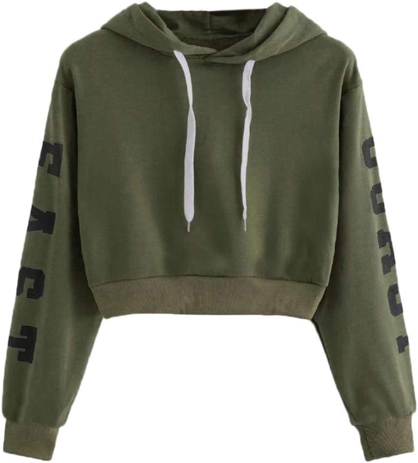 HARRYSTORE Womens Ladies Girls Hoodie Crop Tops Letter Print Long Sleeve Hooded Sweatshirt Cropped Sweat Tops Pullover Jumpers