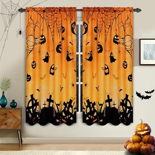 Photo 1 of FRAMICS Halloween Curtains for Living Room 63 Inch Length Halloween Window Curtains Orange Gradient Spider Web Bat Curtains Light Filtering Rod Pocket Curtains for Bedroom, 52" W x 63" L, 2 Panels