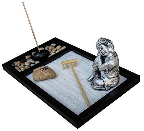 Royal Brands Zen Garden Deluxe Desk Meditation Garden - Buddha Statue, Rake-Sand-Rocks & Incense Holder with Incense - Peace & Tranquility