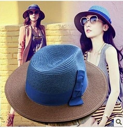 Women's Ladies Dress Wedding Jazz straw Brim Summer Beach Church Tea Party Hat ,blue XXCWN