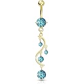 Forbidden Body Jewelry 14kt Gold Plated Surgical Steel Fancy Aqua CZ Crystal Vine Drop Multi Gem Dangle Belly Button Ring