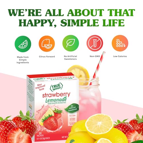 TRUE LEMON STRAWBERRY LEMONADE WATER ENHANCER DRINK MIX (30 COUNT), LOW CALORIE DRINK MIX PACKETS FOR WATER, POWDERED DRINK MIXES & FLAVORS, INDIVIDUAL DRINK PACKETS WITH STEVIA