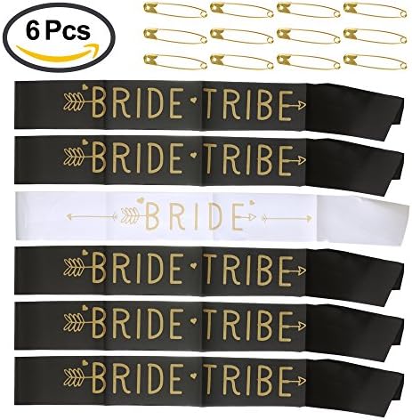YZDING Bride Sash and Bride Tribe Sash For Bachelorette Party And Wedding - Bridal Shower Gifts or Favors (6 Sashes And 12 Gold Pins Per Package)