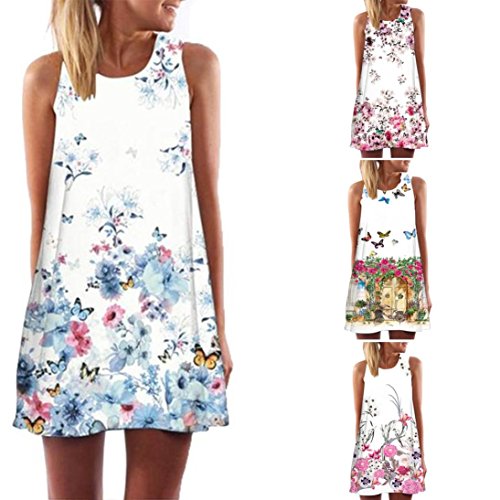 Women Cute Boho Butterfly Flowers Print Sleeveless Beach Mini Summer Dress Plus Size