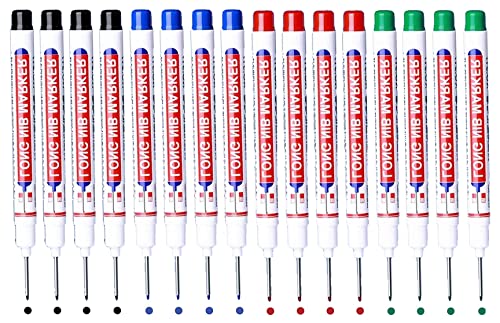 BetterJonny 16Pcs Deep Hole Marker Pens, 20mm Long Head Deep Hole Marker Carpenters Pen,Hole Marker Tool for Architect Carpenter Permanent Marking of Hard to Reach Areas 4 Color(Black Blue Red Green)
