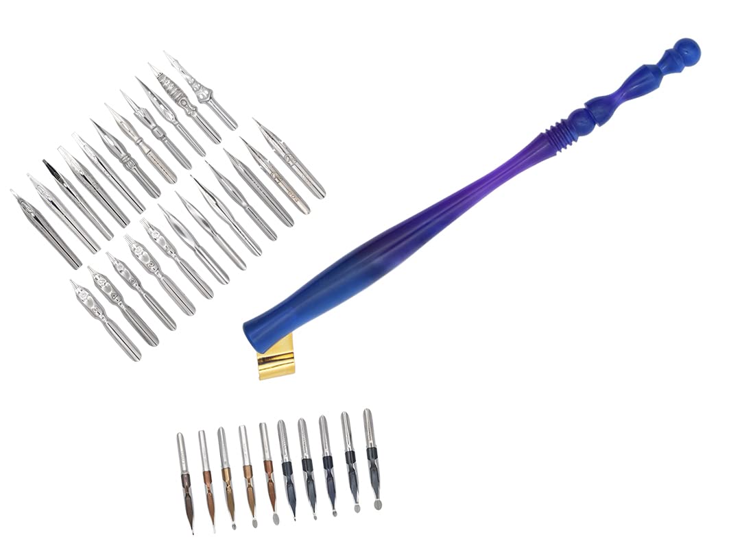 Gullor Oblique Calligraphy Dip Pen Nib Holder with 33 Nibs, Blue Purple