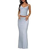 Lybiogs Two Piece Skirt Set for Women - Sexy Sleeveless Spaghetti Strap Pleated Tank Top Maxi Long Skirts Sets