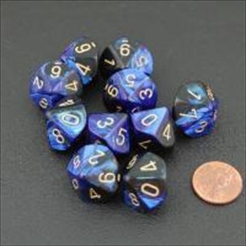 Chessex Dice Sets: Gemini Black & Blue with Gold - Ten Sided Die d10 Set (10)