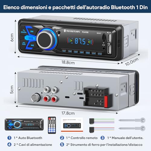 Wistrue Bluetooth Car Stereo, 1 DIN FM Radio Car Radio MP3 Player, Supports 2 USB / Quick Charging/SD/AUX/Remote Control/Support iOS/Android