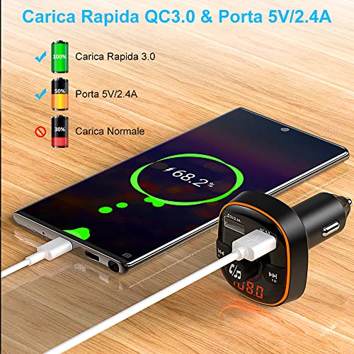 Goigrn Bluetooth per Auto, 7 Colori Controluce Trasmettitore Bluetooth per Auto con Ricarica QC3.0 e Porta USB 5V 2,4A, Kit Vivavoce per Auto, Trasmettitore Bluetooth Supporto U Disk/TF Card