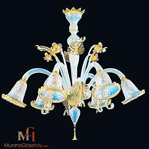 Blue Murano Glass Chandelier with 24 Karat Gold 6 Arms 90 cm Diameter Made in Italy