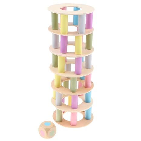 Homyl Bunte Balancier Holzturm Stapelspiel Konzentrationsspiel aus Holz, Motorikspielzeug mit Würfel Lernspielzeug Für Kinder