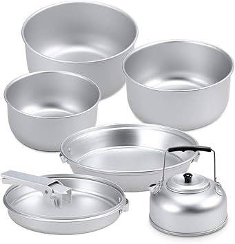 Amazon Co Jp Benkeg ポータブル屋外キャンプ調理器具セット軽量アルマイトアルミクックセットクッキングポットセットハンドル付きキャンプクッカー クッカーセット アルミクッカー アウトドア調理器具セット 登山用鍋 スポーツ アウトドア