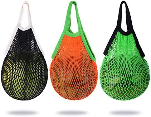 NetNeed Pack of 3 Cotton Reusable Grocery Net Shopping String Bags(Green/Black/Orange,Classic Handle)