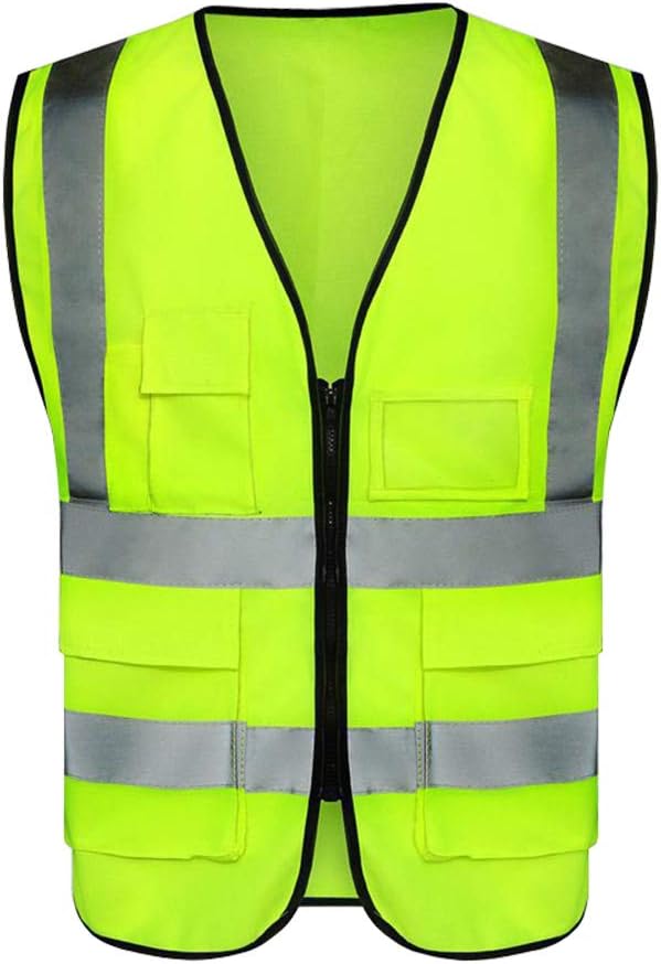 Zip Safety Vest With 5 Pockets 2 Inch High Visibility Reflective Silver Strip And Front Neon Yellow Car Safety Vests for Men And Women