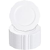 WDF 60pcs White Plastic Plates -10.25inch Baroque White Disposable Dinner Plates for Upscale Parties/Wedding