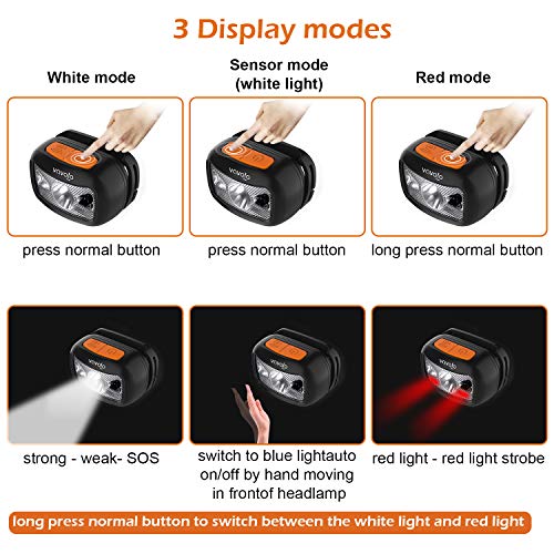 VAVOFO 2 Pack LED Rechargeable Headlamp Flashlight, Motion Sensor and Redlight Headlight for Adults and Kids Running Camping Reading Working, Lightweight, Waterproof, Adjustable Headband