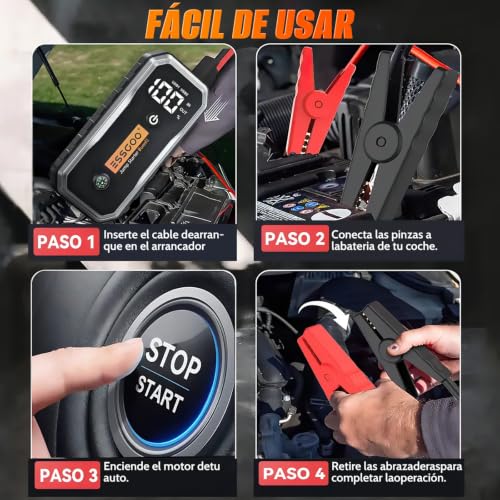Essgoo Arrancador de Bateria de Auto Portatil con Linterna de Emergencia | Pantalla LED Y Todos Los Accesorios, Jump Starter Coche De 12V (10,0L Gasolina/8,0L Diésel)