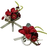 MAFELOE 2 Pieces of Artificial Lily Wrist Corsage and Boutonniere Set, Groom Groomsmen Bride Bridesmaids Wedding Flowers Accessories Prom Party Suit Decorations- Red