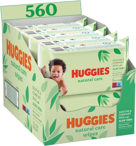 lingettes pour bébé Natural Care, 10 paquets de 56 lingettes, fibres absorbantes naturelles, hypoallergéniques, sans alcool, à l'aloé vera, évite les irritations