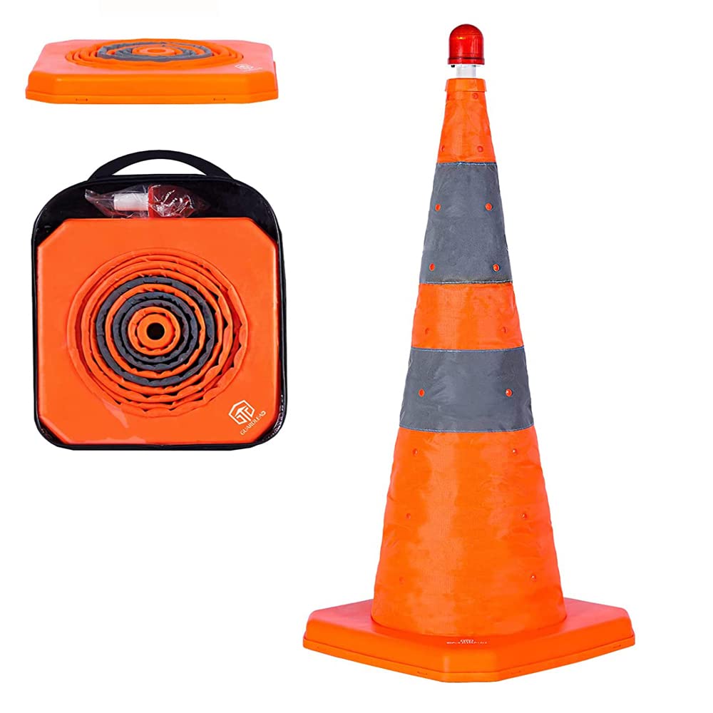 28'' inch Collapsible Traffic Safety Cones, 1 pcs Multi Purpose Pop-up Cones with LED Light and Reflective Collar, for Road Parking, Driving Practice